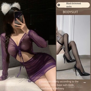 曼欲情趣内衣女透视长袖包臀连衣裙激情火辣性感制服诱惑睡衣套装