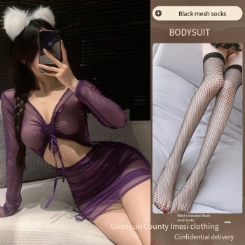 曼欲情趣内衣女透视长袖包臀连衣裙激情火辣性感制服诱惑睡衣套装