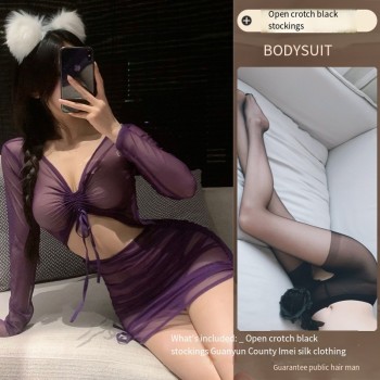 曼欲情趣内衣女透视长袖包臀连衣裙激情火辣性感制服诱惑睡衣套装