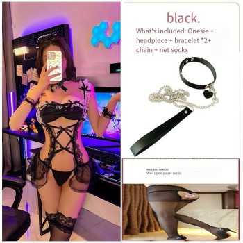 情趣内衣性感蕾丝镂空连体衣小胸女仆制服纯欲开档免脱睡衣挑逗骚