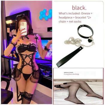 情趣内衣性感蕾丝镂空连体衣小胸女仆制服纯欲开档免脱睡衣挑逗骚