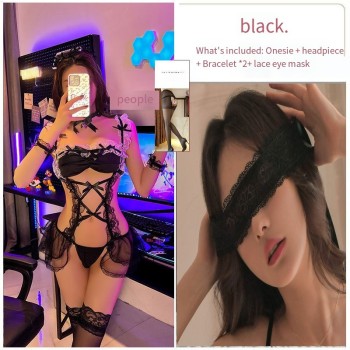 情趣内衣性感蕾丝镂空连体衣小胸女仆制服纯欲开档免脱睡衣挑逗骚