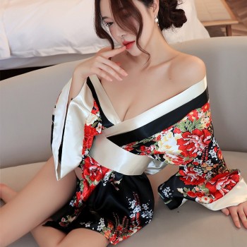 情趣内衣性感印花和服制服日系开襟低领透视诱惑浴袍性感套装代发