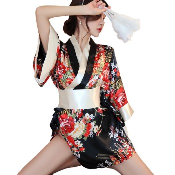 情趣内衣性感印花和服制服日系开襟低领透视诱惑浴袍性感套装代发
