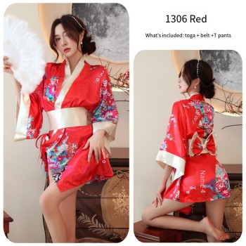 情趣内衣性感印花和服制服日系开襟低领透视诱惑浴袍性感套装代发