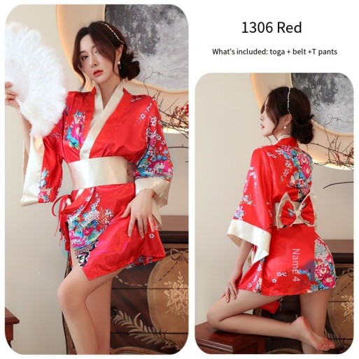 情趣内衣性感印花和服制服日系开襟低领透视诱惑浴袍性感套装代发