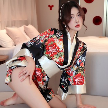 情趣内衣性感印花和服制服日系开襟低领透视诱惑浴袍性感套装代发
