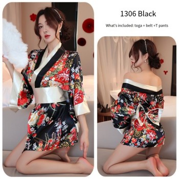 情趣内衣性感印花和服制服日系开襟低领透视诱惑浴袍性感套装代发