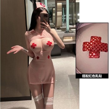 挖空露胸粉嫩透纱护士装情趣内衣制服诱惑性感套装批发