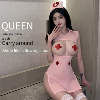 挖空露胸粉嫩透纱护士装情趣内衣制服诱惑性感套装批发