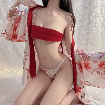 瑰若情趣内衣性感诱惑印花开襟低领和服日系绑带女式制服套装1567