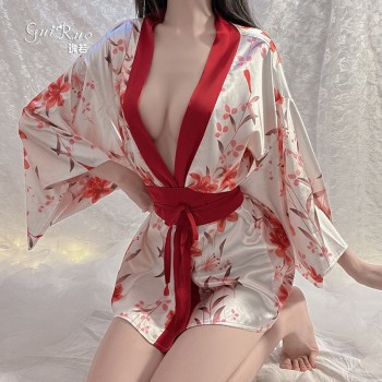瑰若情趣内衣性感诱惑印花开襟低领和服日系绑带女式制服套装1567