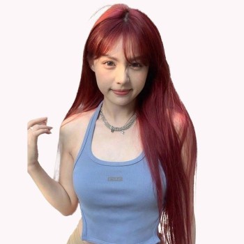 科尼假发红色整顶假发女长直发齐刘海自然夏日女士头套高温丝假发