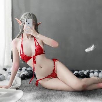 眉奈儿情趣内衣女式 透视水溶蕾丝绑带三点式碎花睡裙诱惑套装