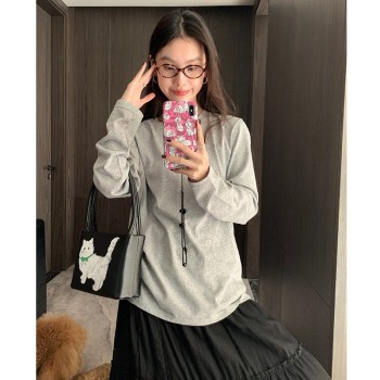 2024春季圆领长袖T恤女慵懒宽松简约ins松弛感叠穿百搭打底上衣