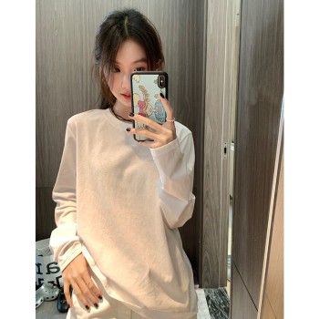 2024春季圆领长袖T恤女慵懒宽松简约ins松弛感叠穿百搭打底上衣
