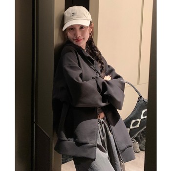 楠涛空气层连帽卫衣女早春宽松休闲慵懒显瘦长袖立体感开衫外套