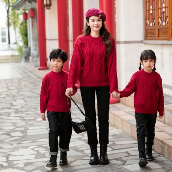 亲子装一家三口毛衣男童红色儿童女童麻花宝宝家庭装针织衫外套潮
