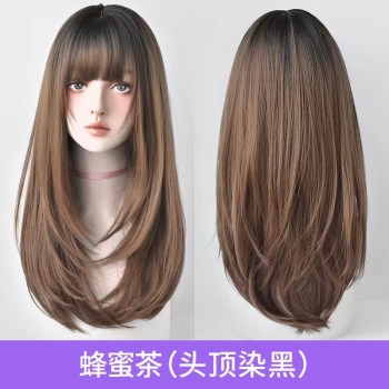 齐刘海网红纯欲风黑长直发自然假发女全头套白金色假发长直发芭比