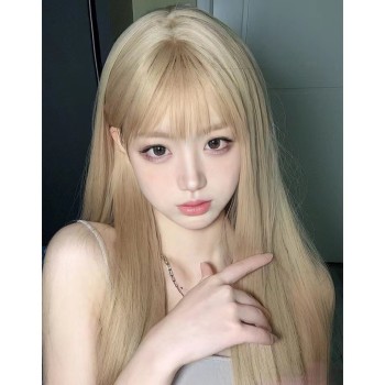 齐刘海网红纯欲风黑长直发自然假发女全头套白金色假发长直发芭比