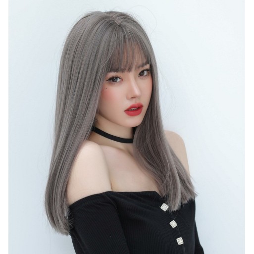 齐刘海网红纯欲风黑长直发自然假发女全头套白金色假发长直发芭比